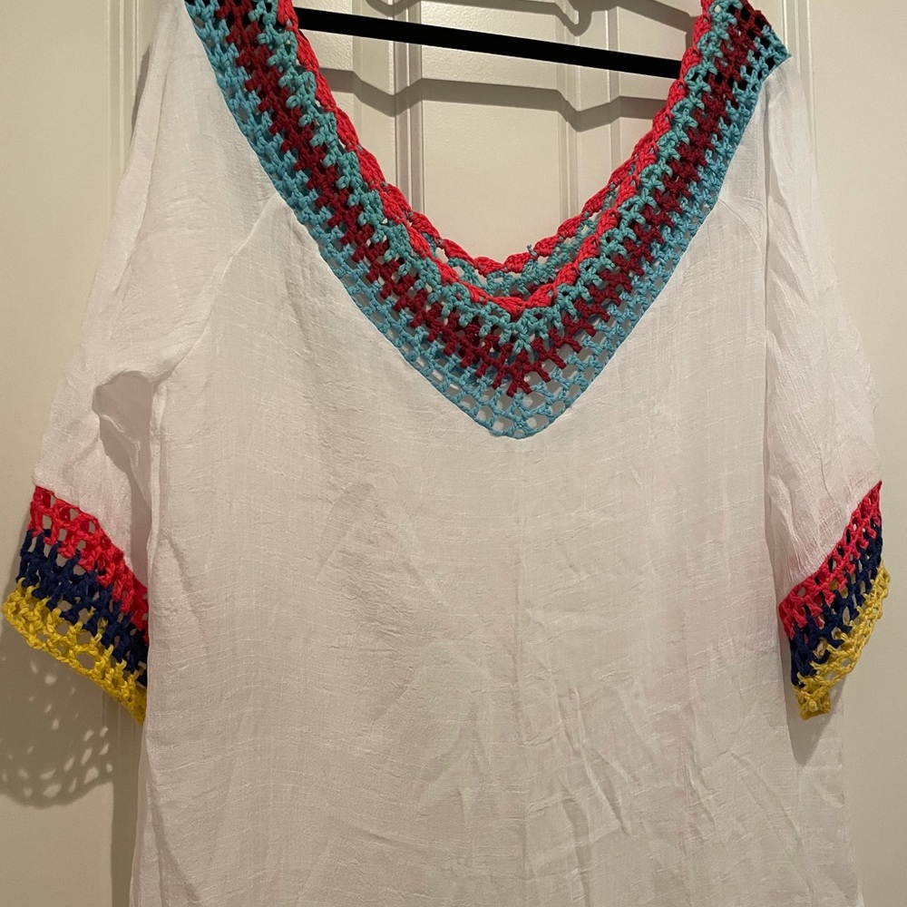 White Cover Up With Rainbow Crochet Trim